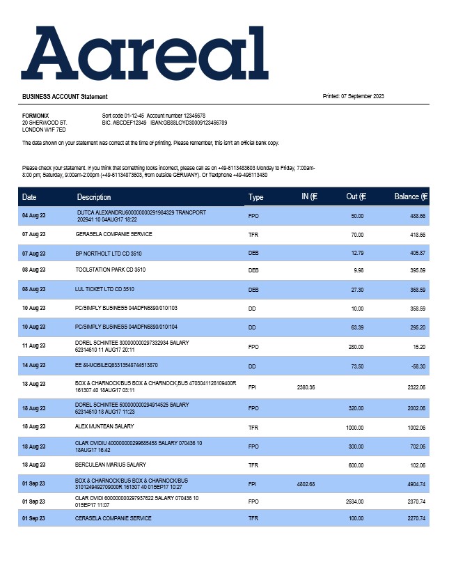 Modèle Word et PDF de relevé de compte d'entreprise de la banque Aareal